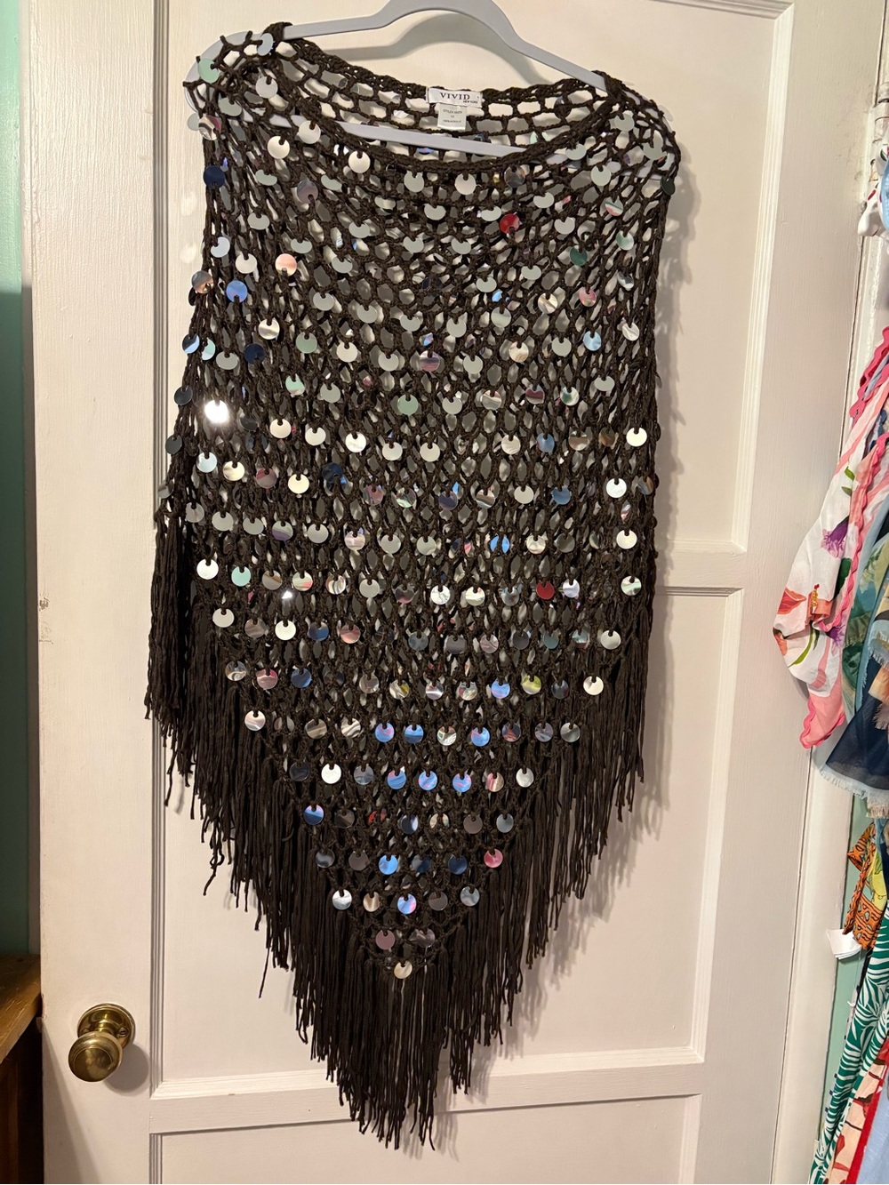 Vivid open stitch paillette large sequin poncho/ shawl